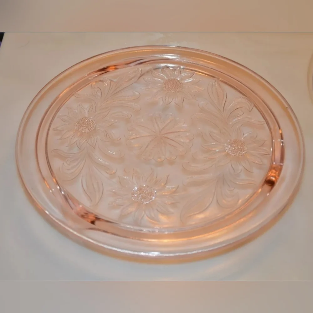Jeannette Sunflower Style Glass Pink Depression Footed Cake Plate